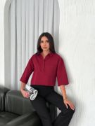 Crop Yakalı Gömlek Üç Çeyrek Sleeve Kol - Bordo resmi